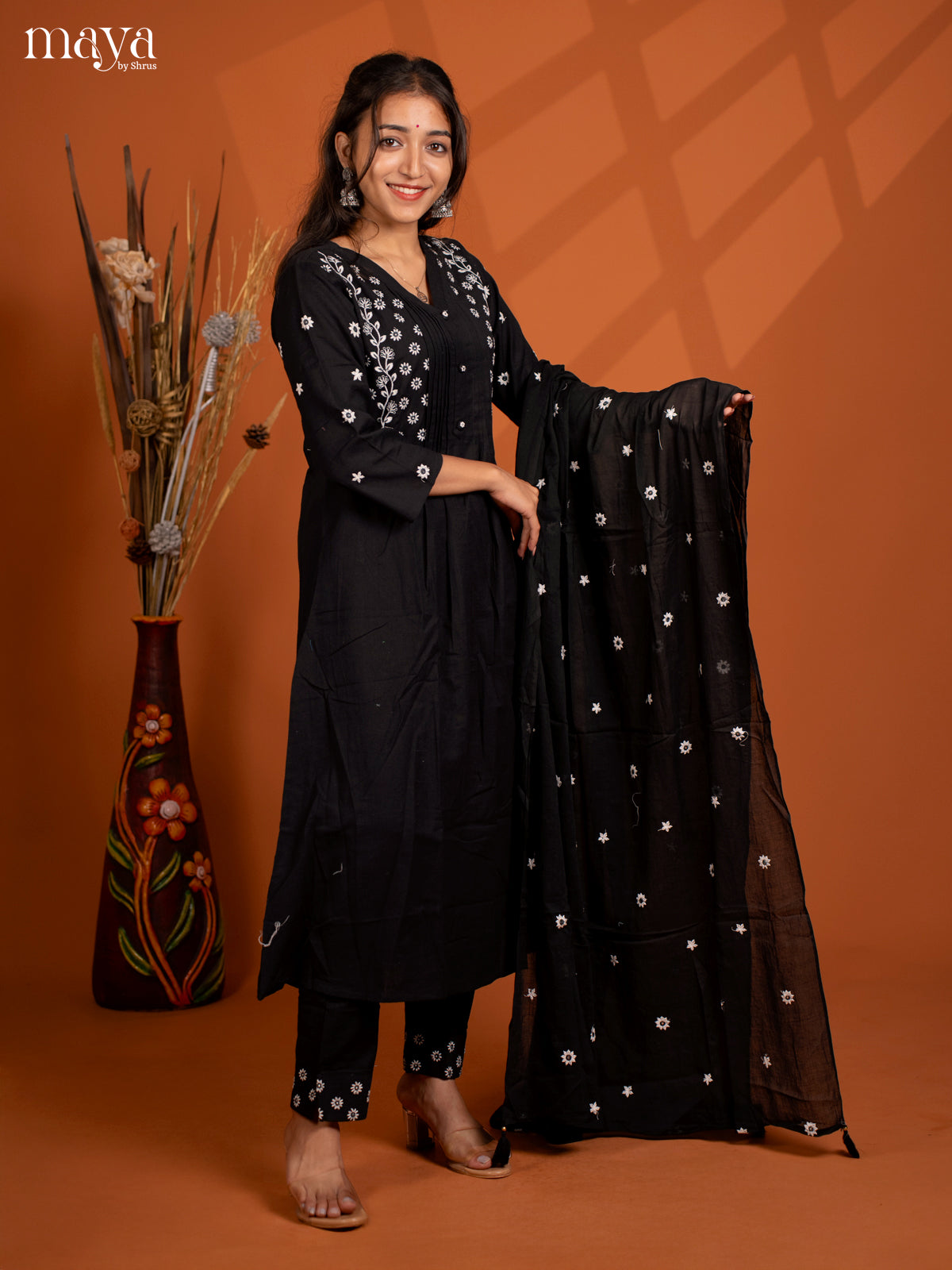Black Cotton 3Pc solid Salwar Suit - Top, Bottom & Dupatta