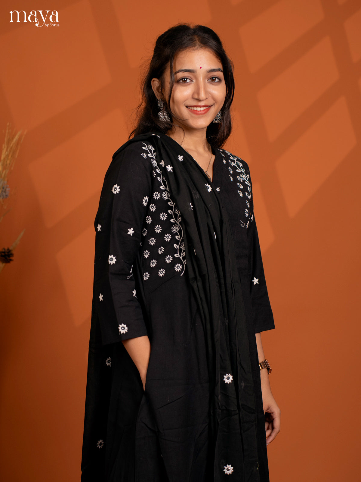 Black Cotton 3Pc solid Salwar Suit - Top, Bottom & Dupatta