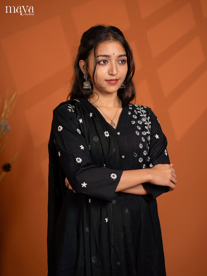 Black Cotton 3Pc solid Salwar Suit - Top, Bottom & Dupatta