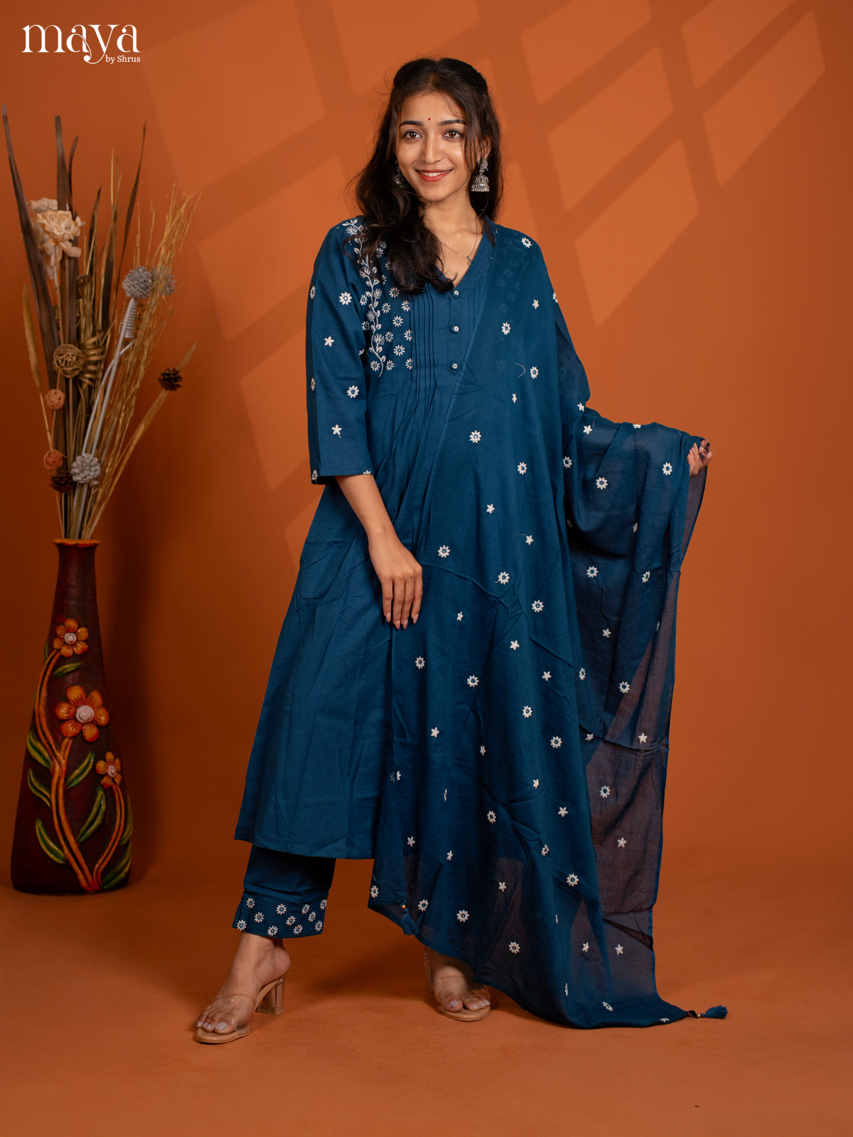 Blue Cotton 3PC solid Salwar Suit - Top, Bottom & Dupatta
