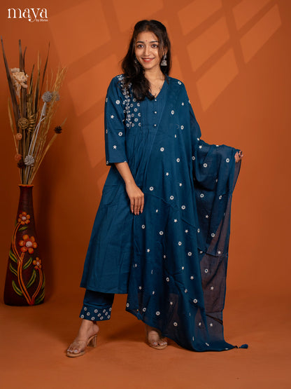 Blue Cotton 3PC solid Salwar Suit - Top, Bottom & Dupatta