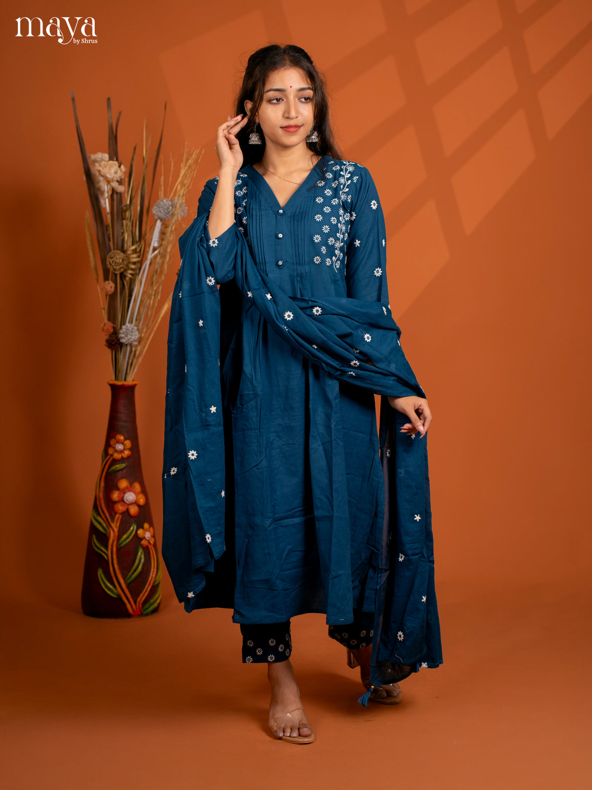 Blue Cotton 3PC solid Salwar Suit - Top, Bottom & Dupatta