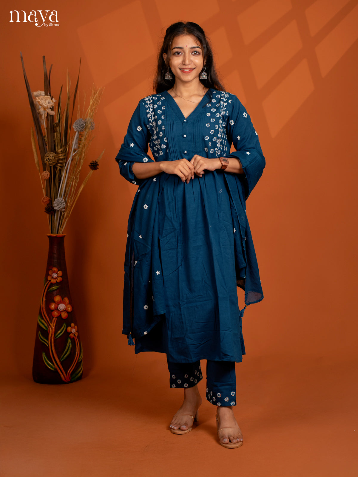Blue Cotton 3PC solid Salwar Suit - Top, Bottom & Dupatta