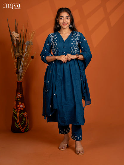 Blue Cotton 3PC solid Salwar Suit - Top, Bottom & Dupatta