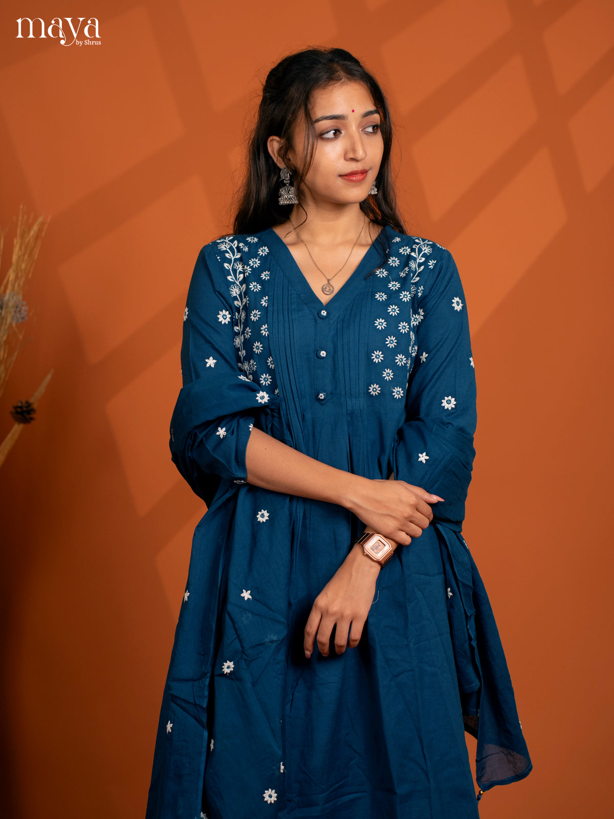 Blue Cotton 3PC solid Salwar Suit - Top, Bottom & Dupatta