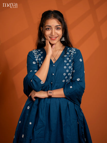 Blue Cotton 3PC solid Salwar Suit - Top, Bottom & Dupatta
