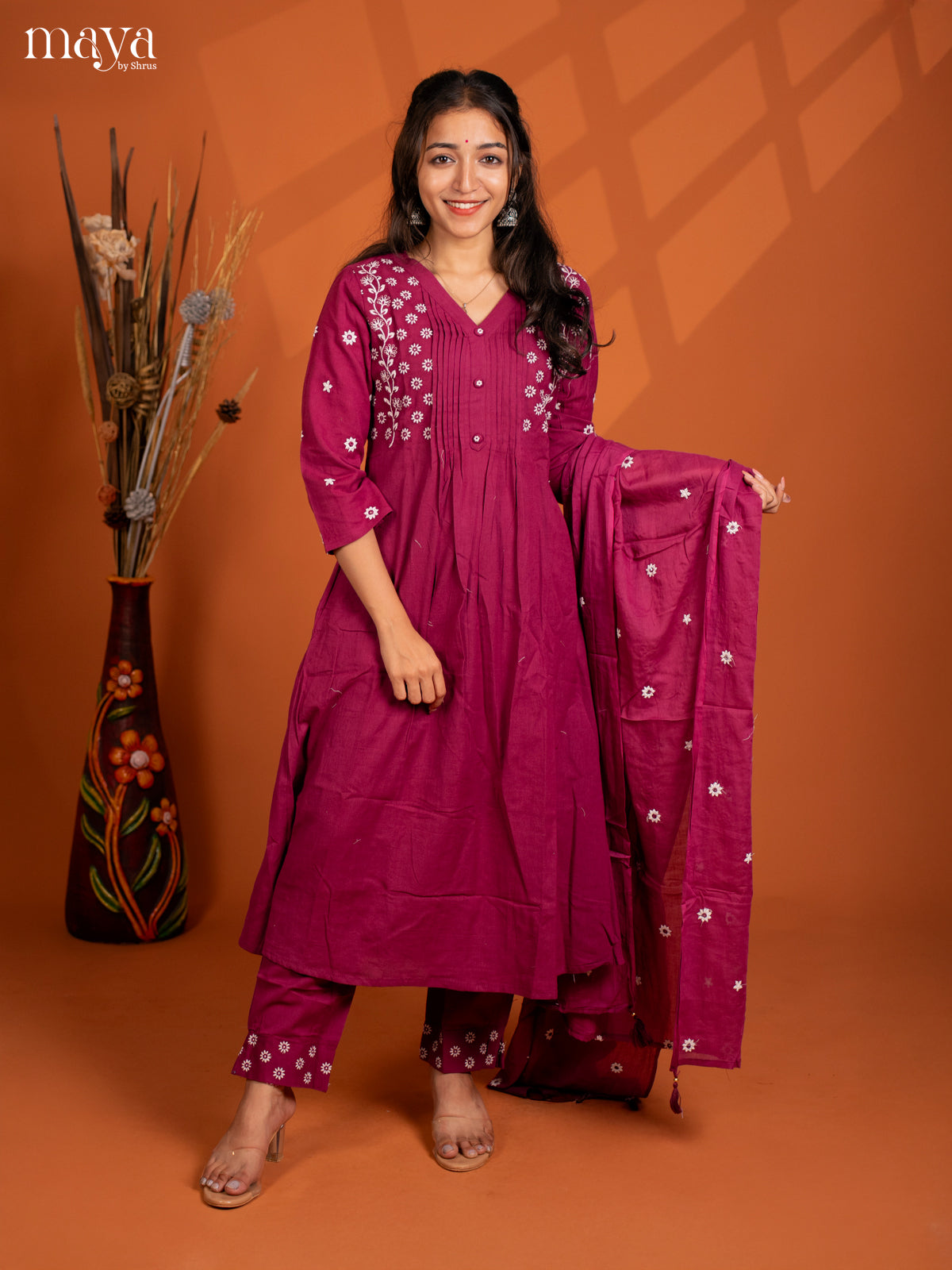 Magenta Cotton 3Pc solid Salwar Suit - Top, Bottom & Dupatta
