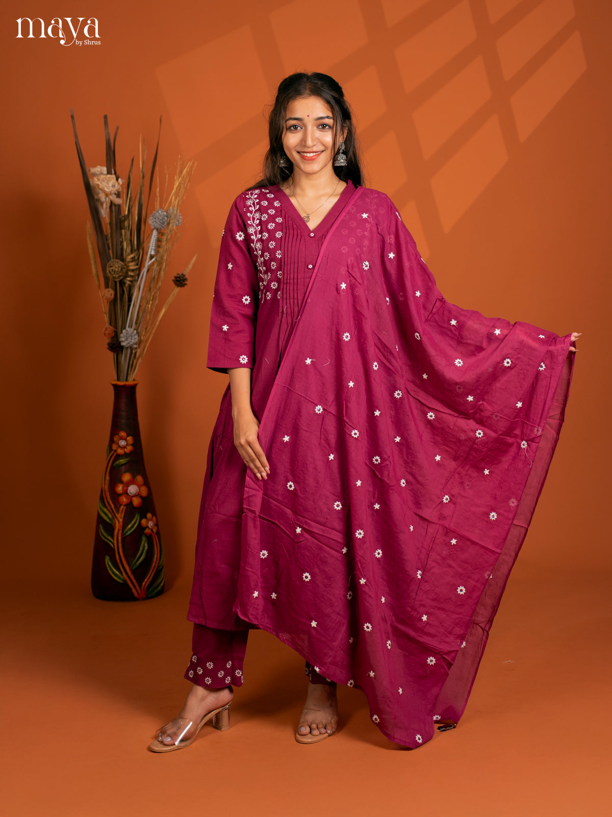 Magenta Cotton 3Pc solid Salwar Suit - Top, Bottom & Dupatta