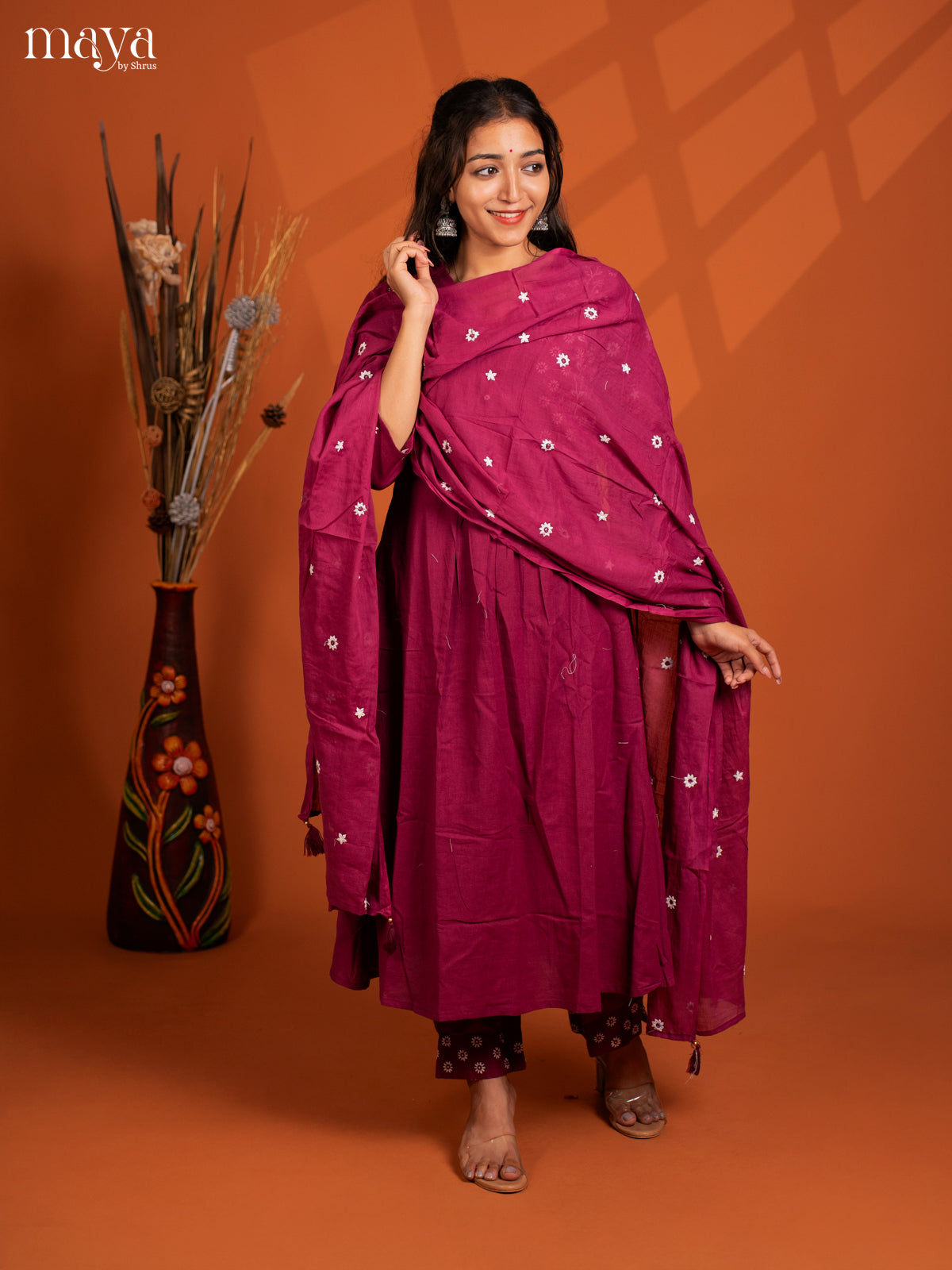Magenta Cotton 3Pc solid Salwar Suit - Top, Bottom & Dupatta