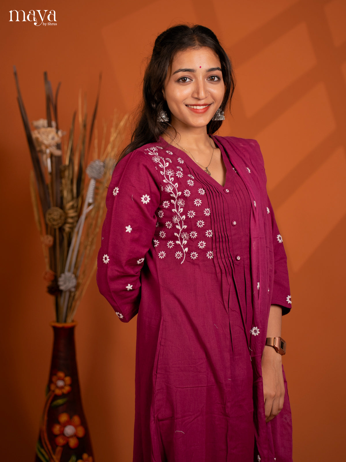Magenta Cotton 3Pc solid Salwar Suit - Top, Bottom & Dupatta