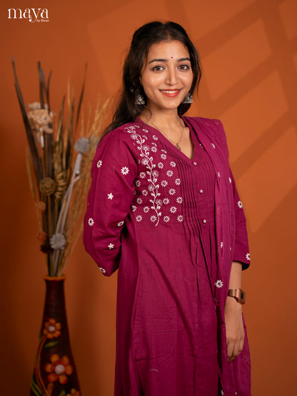 Magenta Cotton 3Pc solid Salwar Suit - Top, Bottom & Dupatta