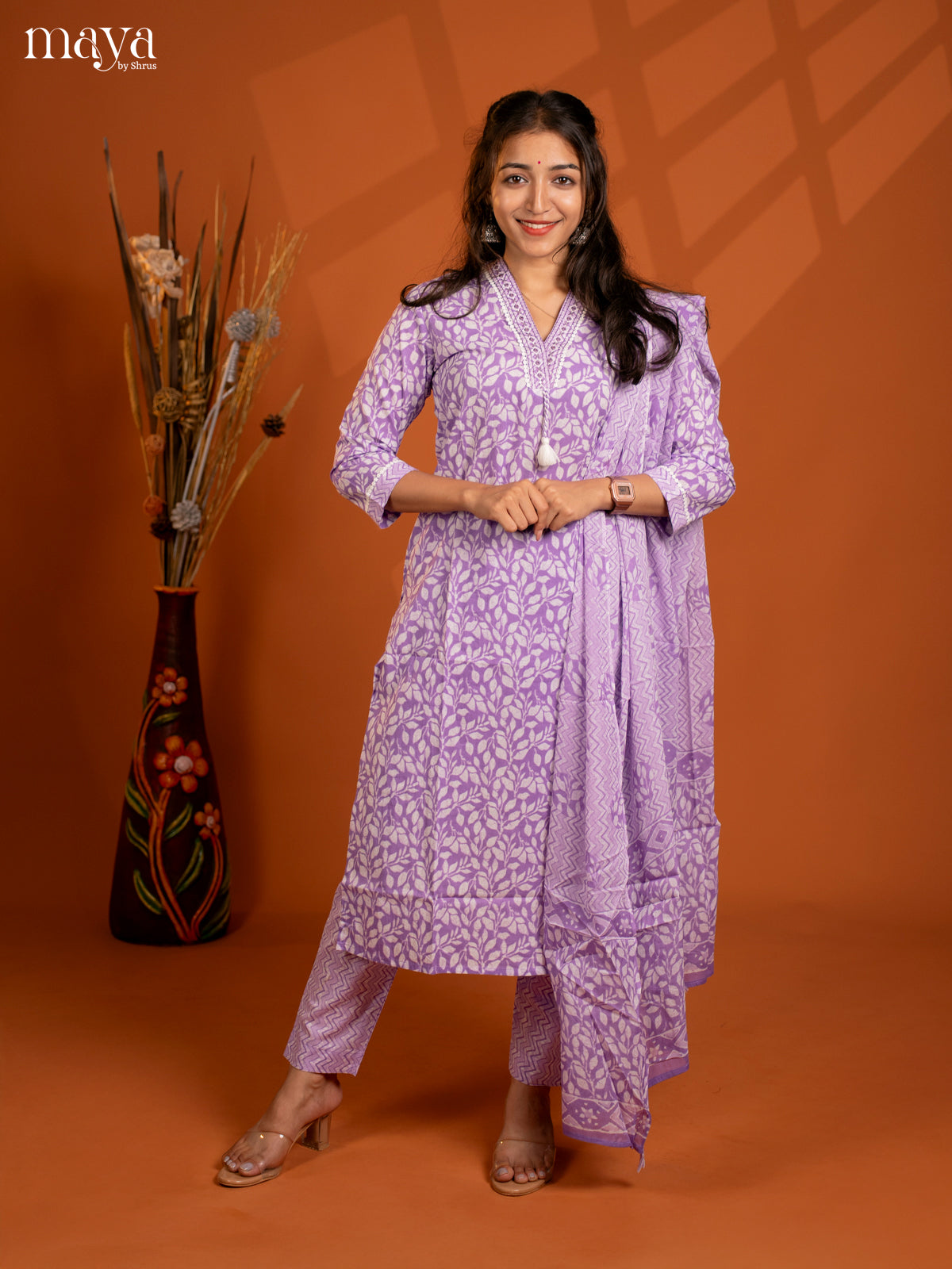 Violet Cotton 3Pc Salwar suit with Floral Print - Top, Bottom & Dupatta