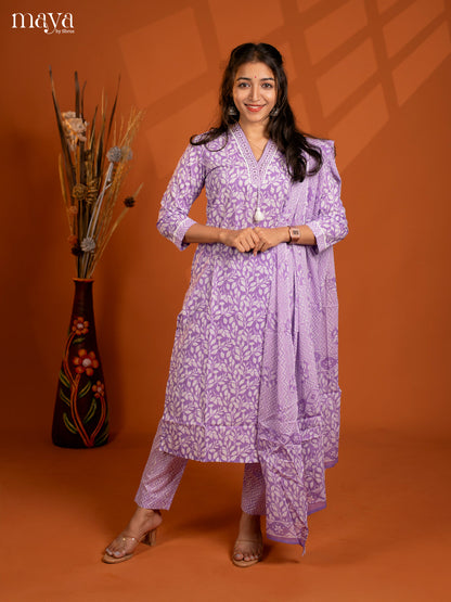Violet Cotton 3Pc Salwar suit with Floral Print - Top, Bottom & Dupatta