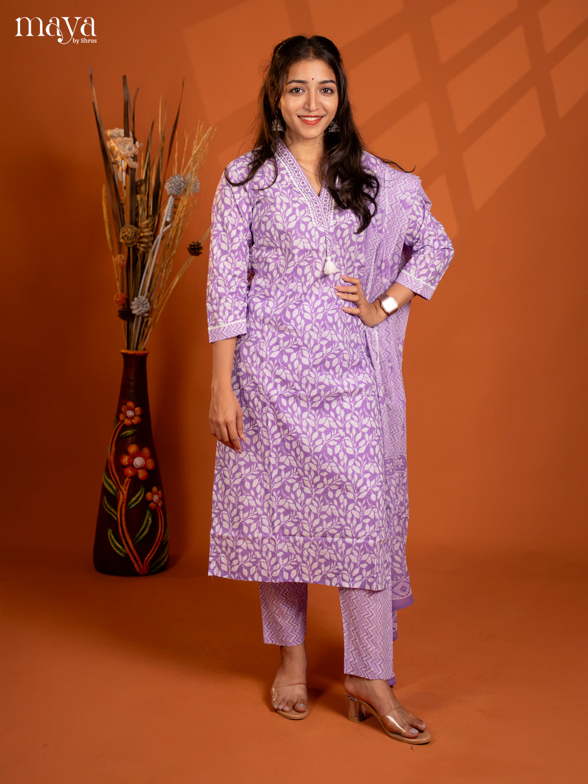 Violet Cotton 3Pc Salwar suit with Floral Print - Top, Bottom & Dupatta