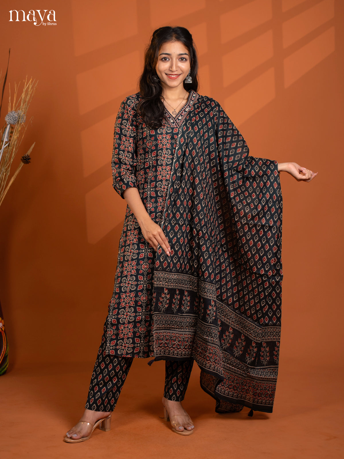 Green Cotton 3PC Salwar Suit with Floral Print - Top, Bottom & Dupatta