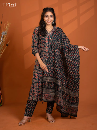 Green Cotton 3PC Salwar Suit with Floral Print - Top, Bottom & Dupatta