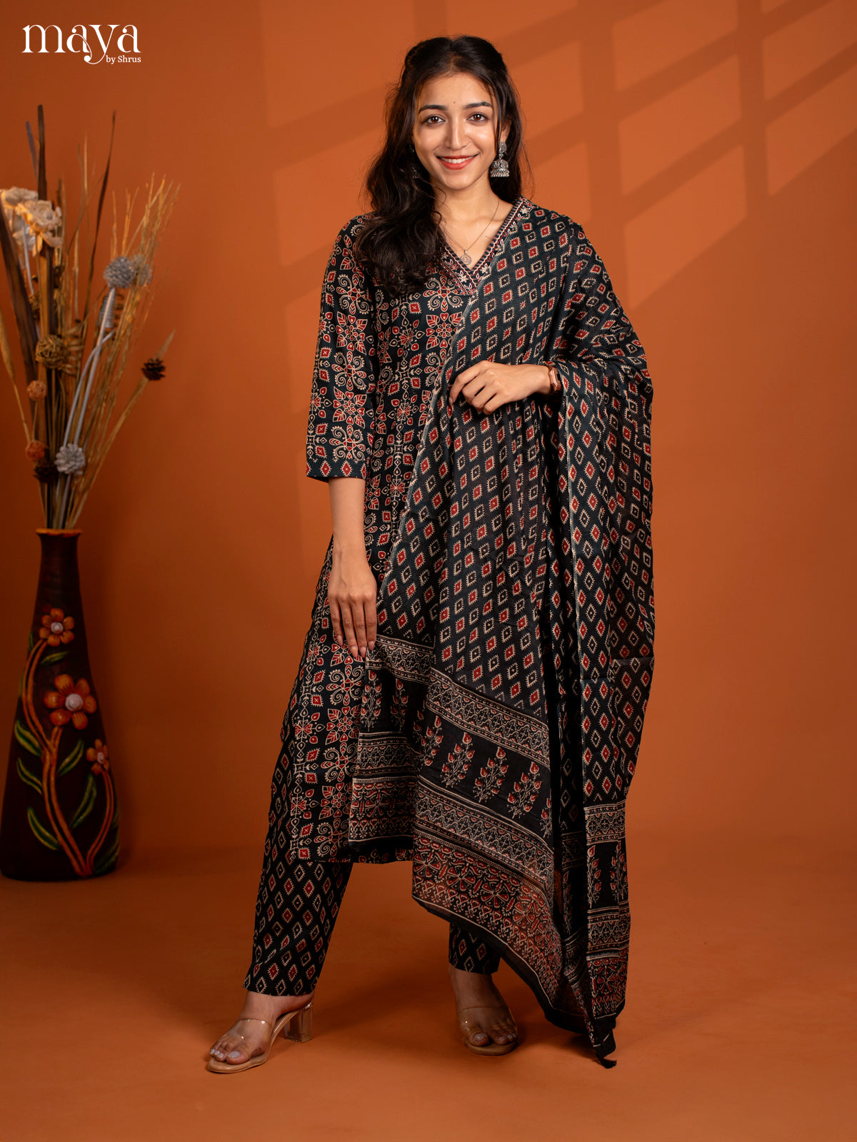 Green Cotton 3PC Salwar Suit with Floral Print - Top, Bottom & Dupatta