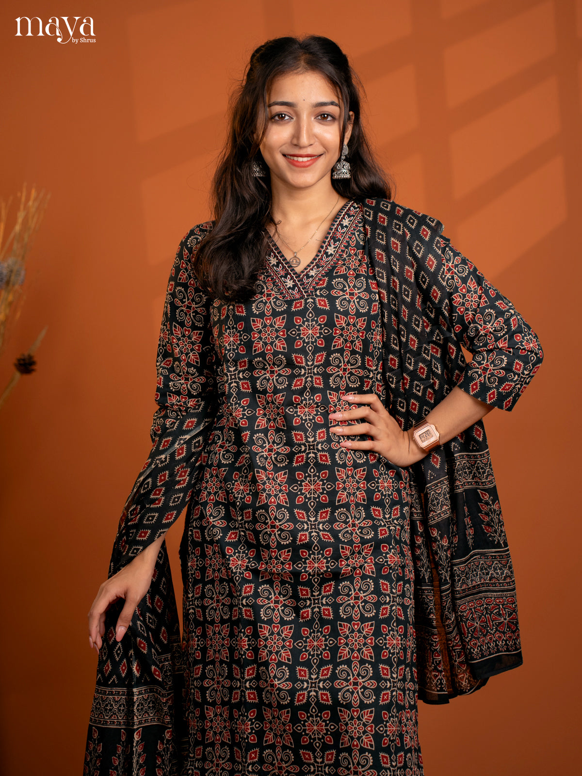 Green Cotton 3PC Salwar Suit with Floral Print - Top, Bottom & Dupatta