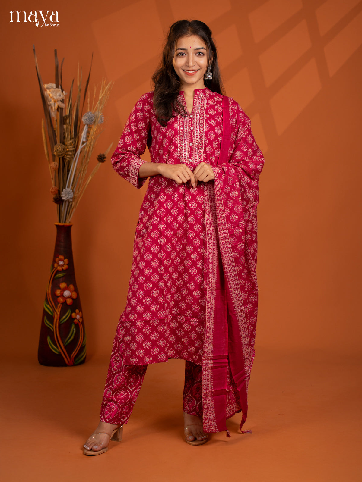 Magenta Cotton 3Pc Salwar Suit with Floral Print - Top, Bottom & Dupatta