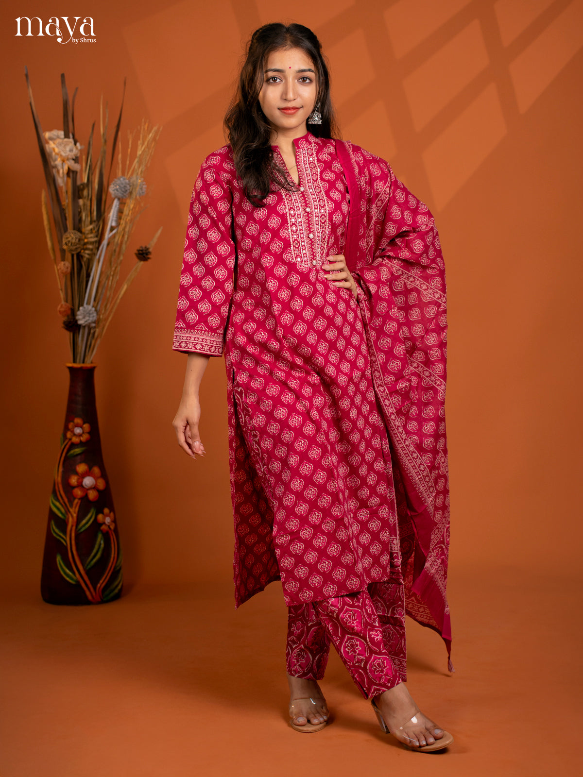 Magenta Cotton 3Pc Salwar Suit with Floral Print - Top, Bottom & Dupatta