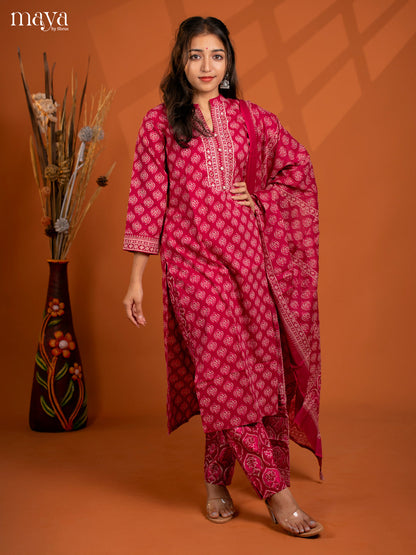 Magenta Cotton 3Pc Salwar Suit with Floral Print - Top, Bottom & Dupatta