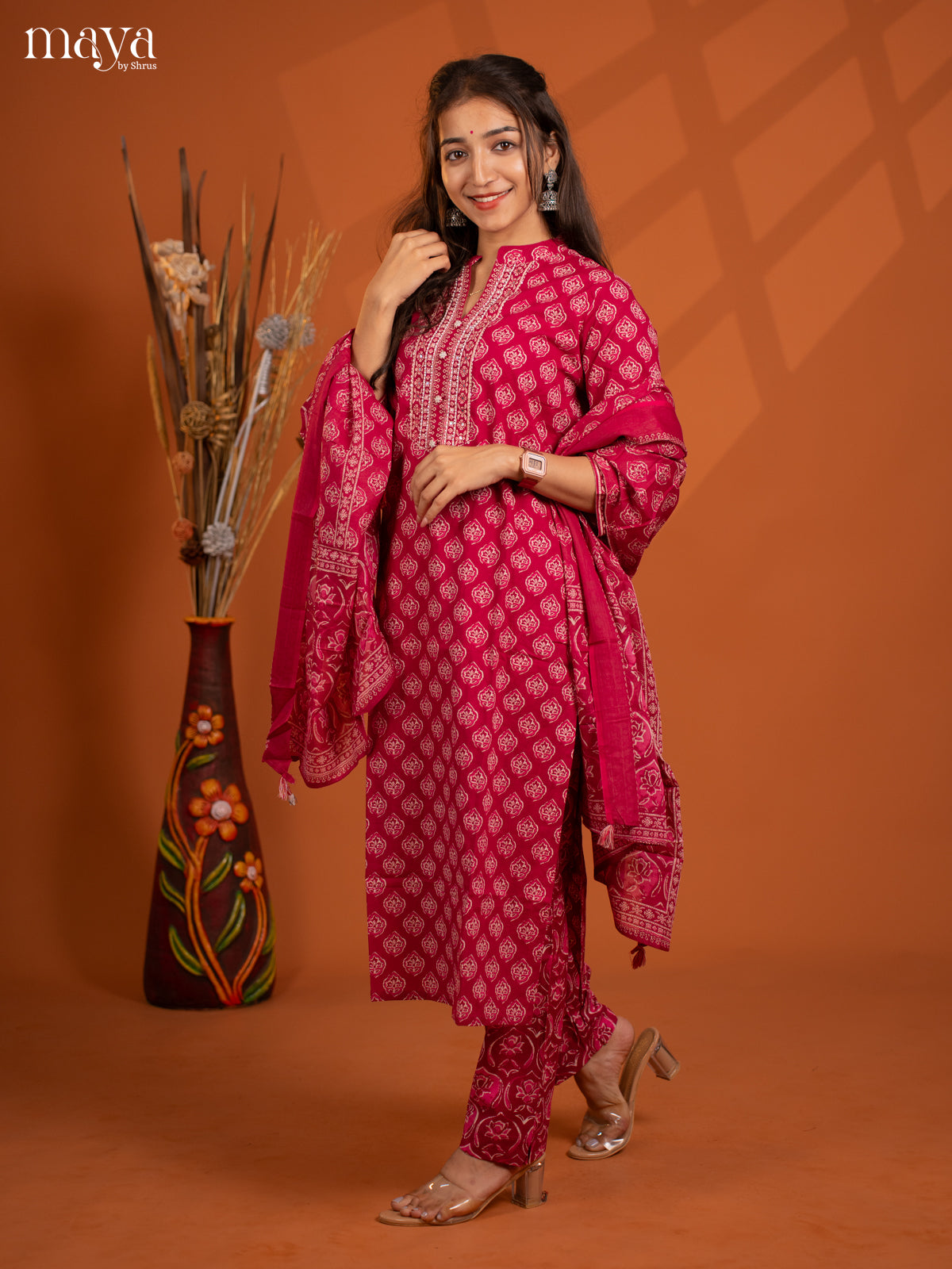 Magenta Cotton 3Pc Salwar Suit with Floral Print - Top, Bottom & Dupatta