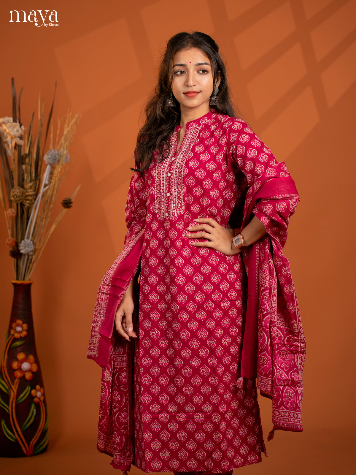 Magenta Cotton 3Pc Salwar Suit with Floral Print - Top, Bottom & Dupatta