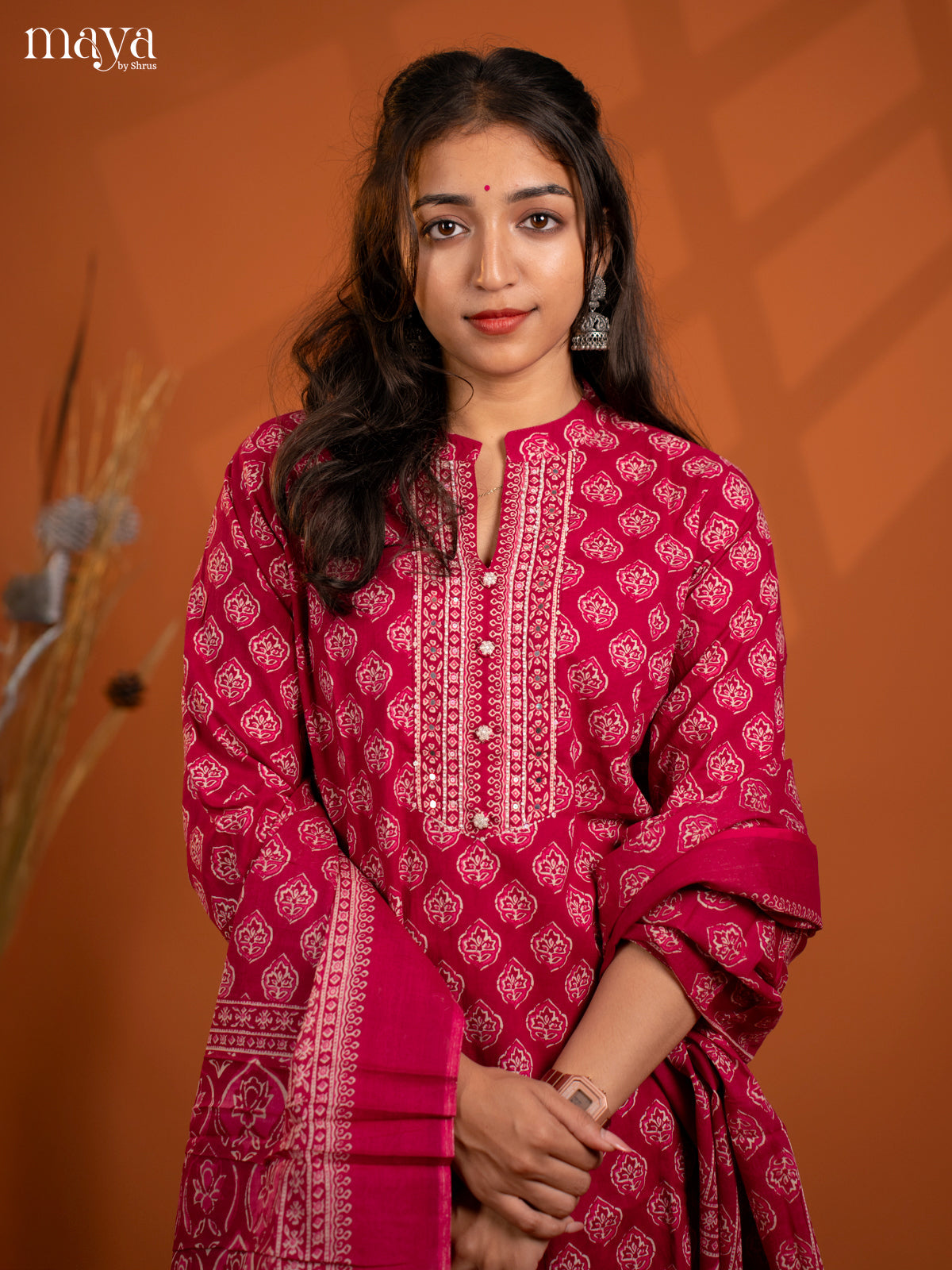 Magenta Cotton 3Pc Salwar Suit with Floral Print - Top, Bottom & Dupatta