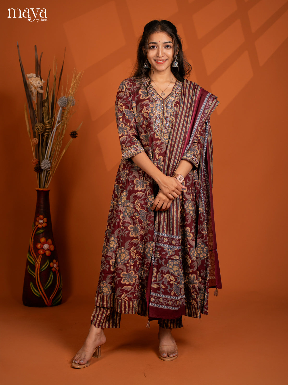 Browm Cotton 3Pc Slawar Suit with Floral Print - Top, Bottom & Dupatta