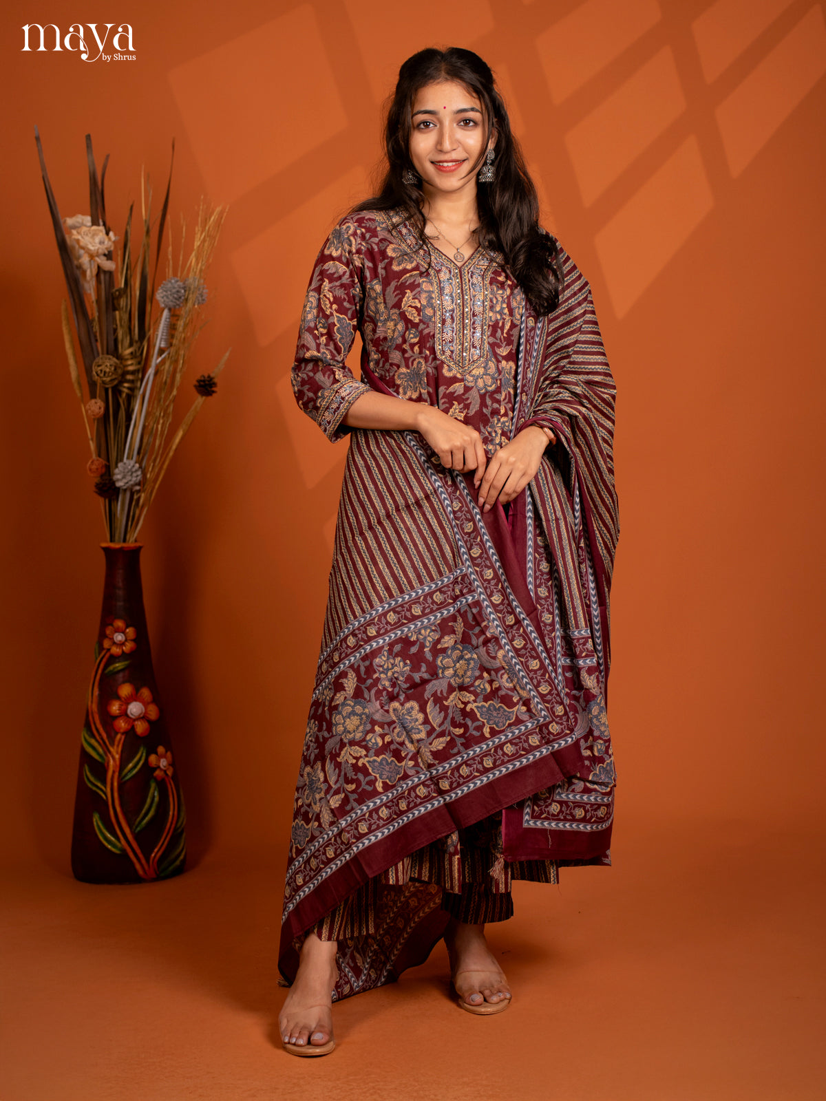 Browm Cotton 3Pc Slawar Suit with Floral Print - Top, Bottom & Dupatta