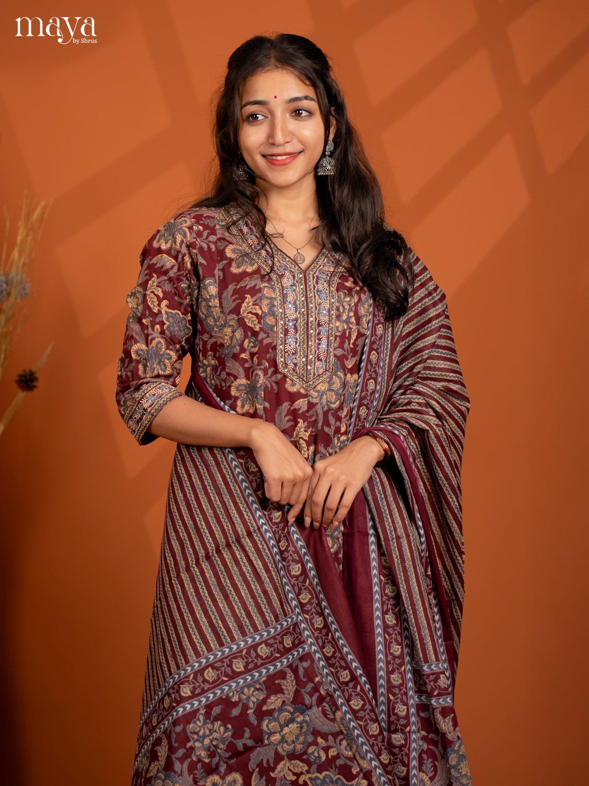 Browm Cotton 3Pc Slawar Suit with Floral Print - Top, Bottom & Dupatta