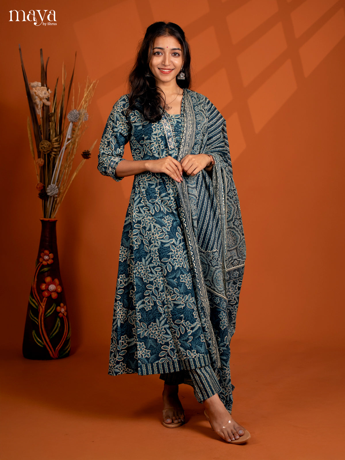 Blue Cotton 3Pc Slawar Suit with Floral Print - Top, Bottom & Dupatta