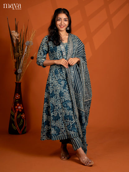 Blue Cotton 3Pc Slawar Suit with Floral Print - Top, Bottom & Dupatta
