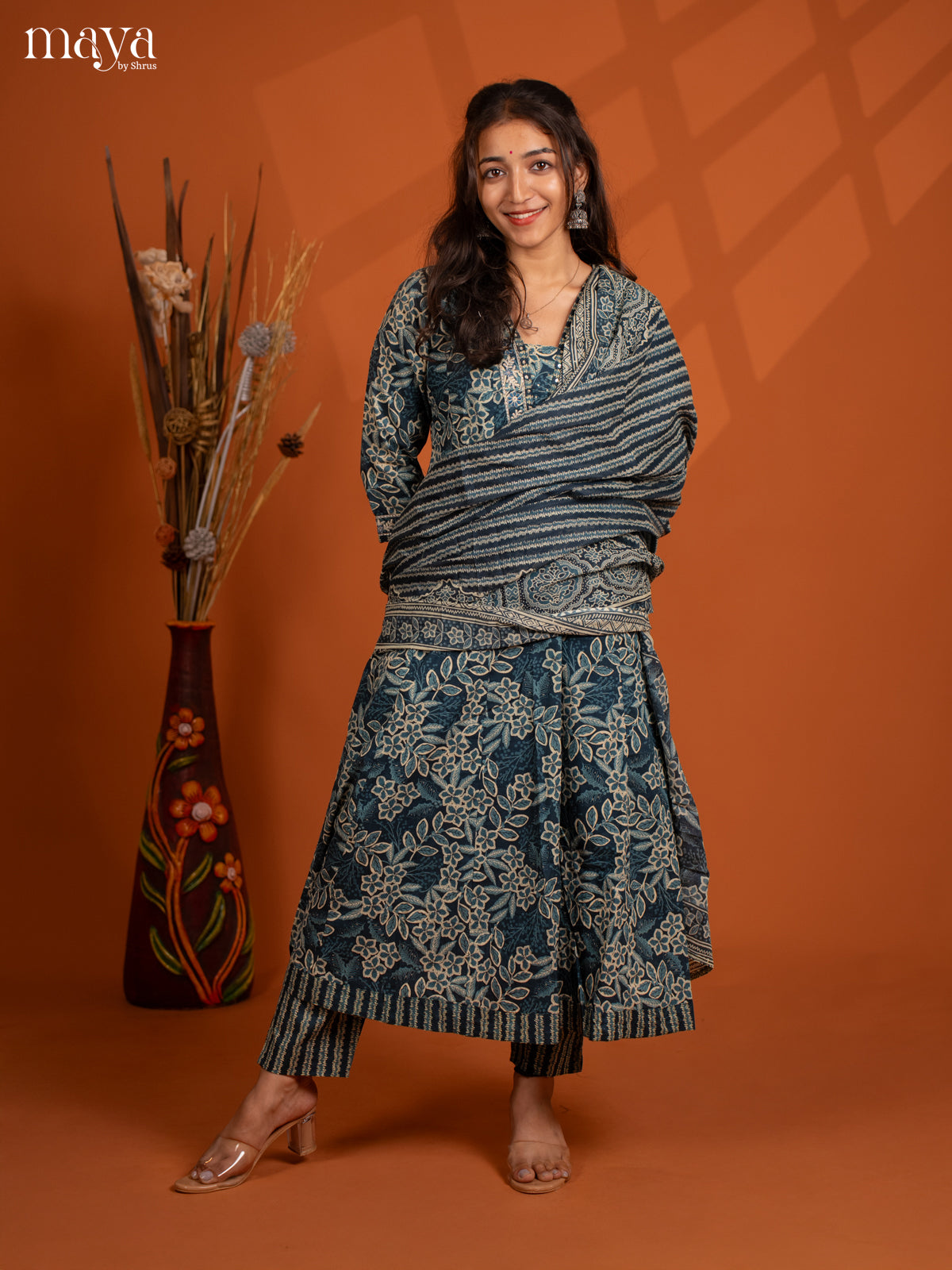 Blue Cotton 3Pc Slawar Suit with Floral Print - Top, Bottom & Dupatta