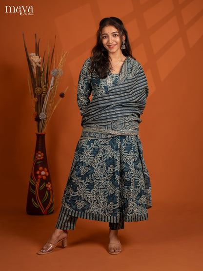 Blue Cotton 3Pc Slawar Suit with Floral Print - Top, Bottom & Dupatta