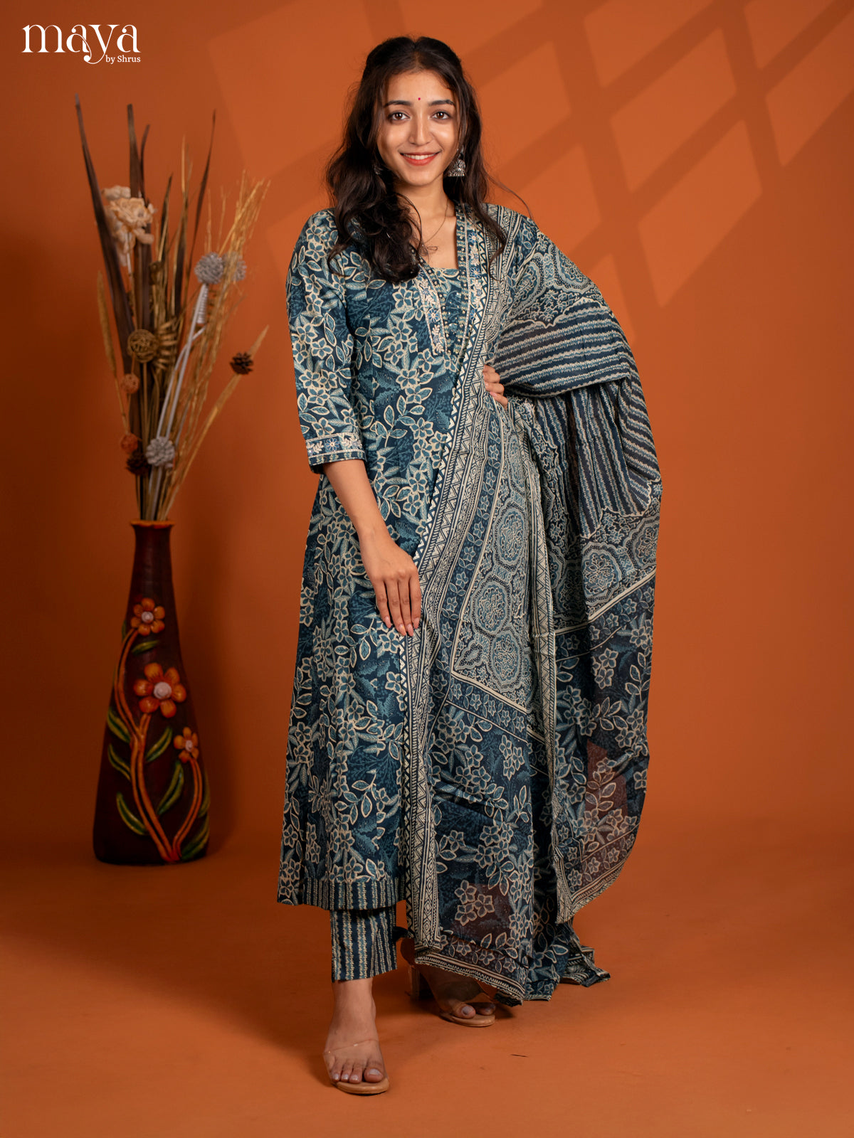 Blue Cotton 3Pc Slawar Suit with Floral Print - Top, Bottom & Dupatta