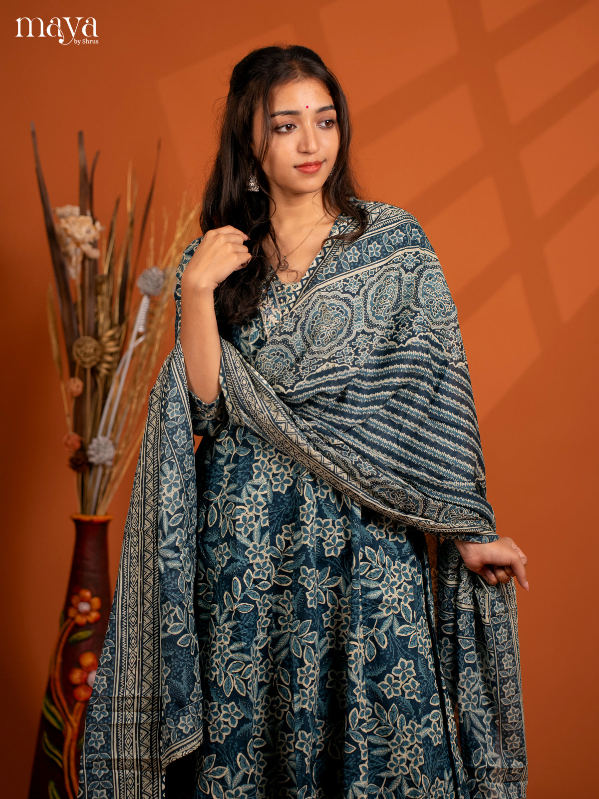 Blue Cotton 3Pc Slawar Suit with Floral Print - Top, Bottom & Dupatta