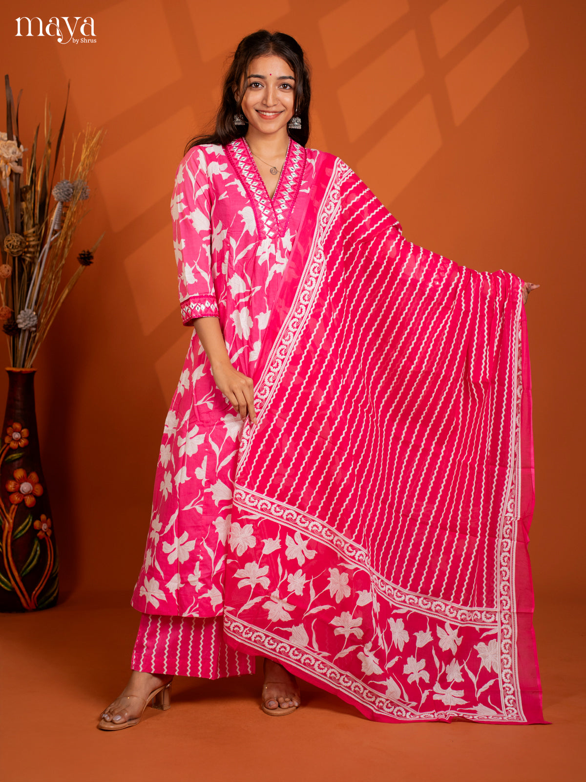 Pink Cotton 3PC Salwar Suit with Floral Print - Top, Botton & Dupatta