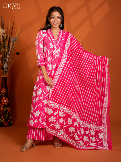 Pink Cotton 3PC Salwar Suit with Floral Print - Top, Botton & Dupatta
