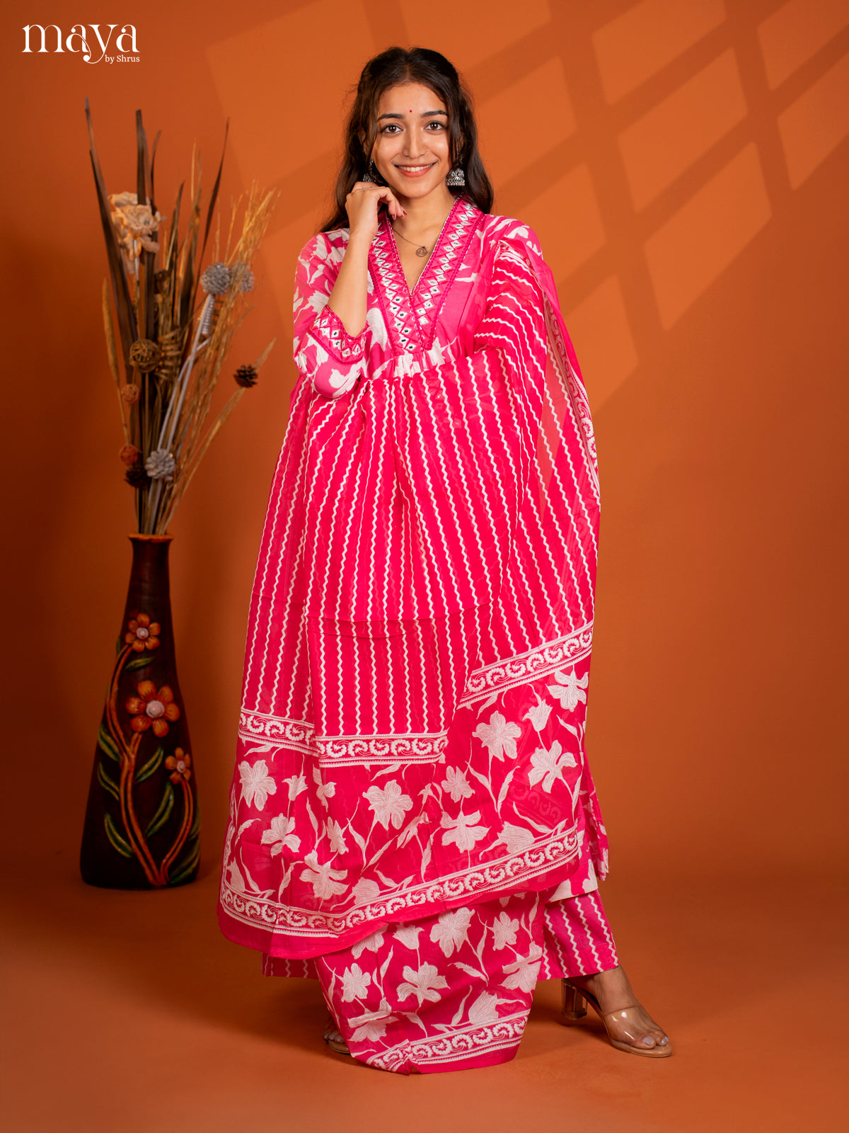 Pink Cotton 3PC Salwar Suit with Floral Print - Top, Botton & Dupatta
