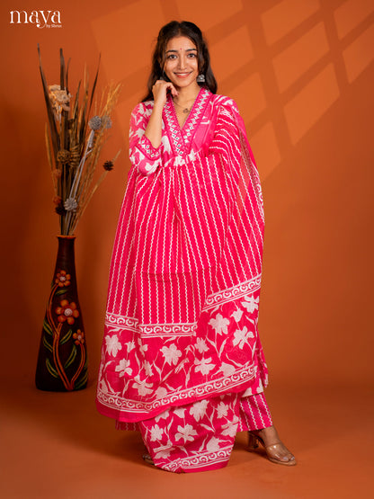 Pink Cotton 3PC Salwar Suit with Floral Print - Top, Botton & Dupatta