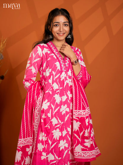 Pink Cotton 3PC Salwar Suit with Floral Print - Top, Botton & Dupatta