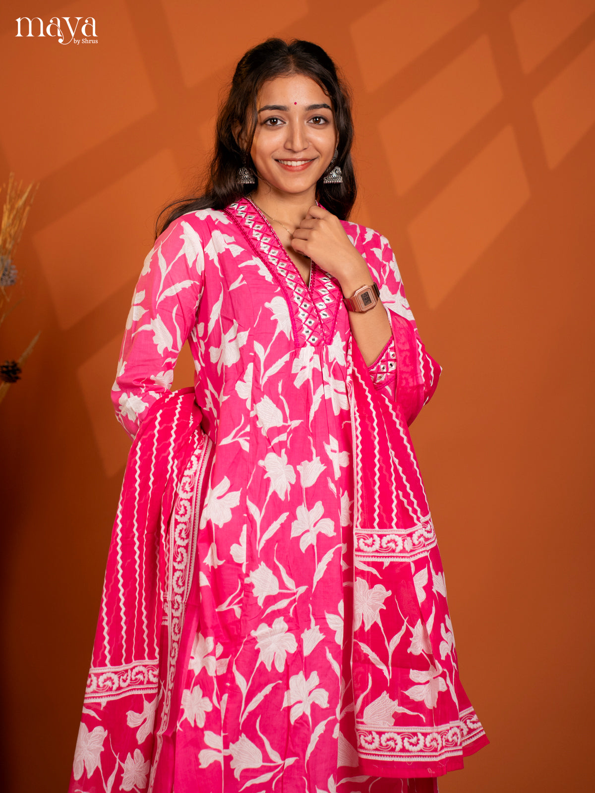 Pink Cotton 3PC Salwar Suit with Floral Print - Top, Botton & Dupatta