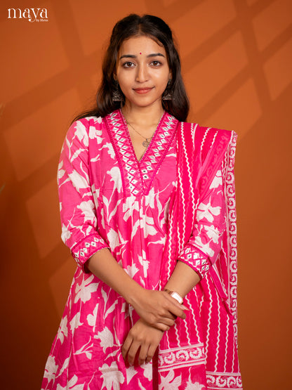 Pink Cotton 3PC Salwar Suit with Floral Print - Top, Botton & Dupatta