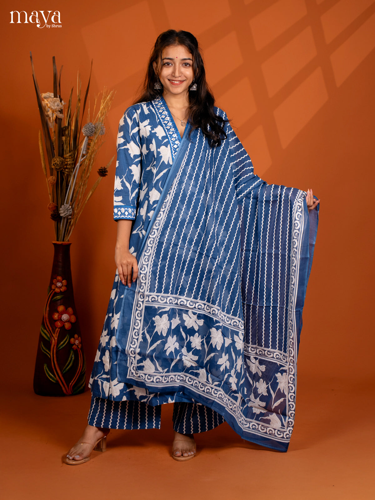 Blue Cotton 3PC Salwar Suit with Floral Print - Top, Botton & Dupatta