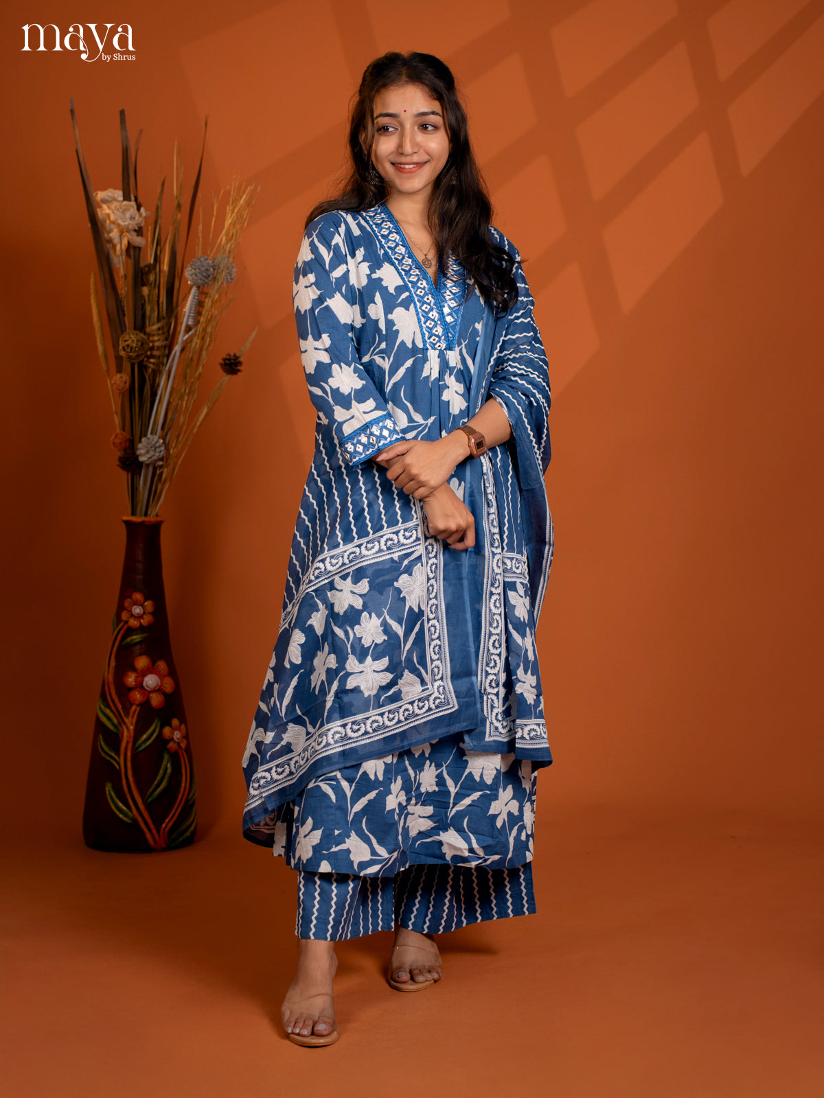 Blue Cotton 3PC Salwar Suit with Floral Print - Top, Botton & Dupatta