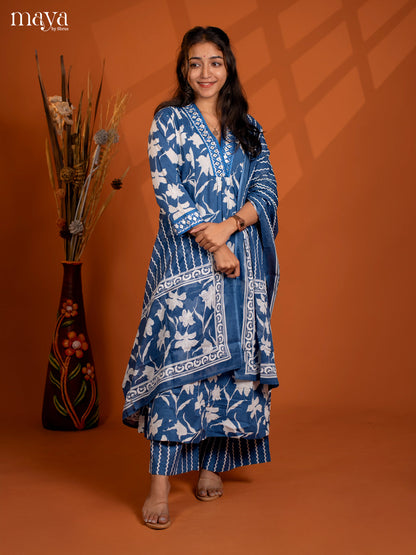 Blue Cotton 3PC Salwar Suit with Floral Print - Top, Botton & Dupatta