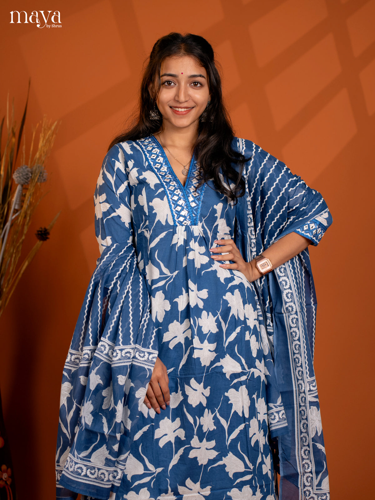 Blue Cotton 3PC Salwar Suit with Floral Print - Top, Botton & Dupatta