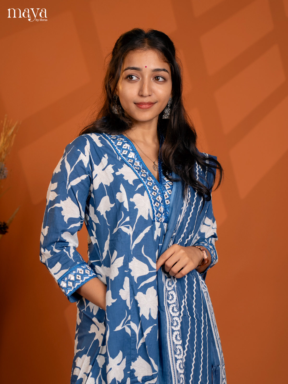 Blue Cotton 3PC Salwar Suit with Floral Print - Top, Botton & Dupatta