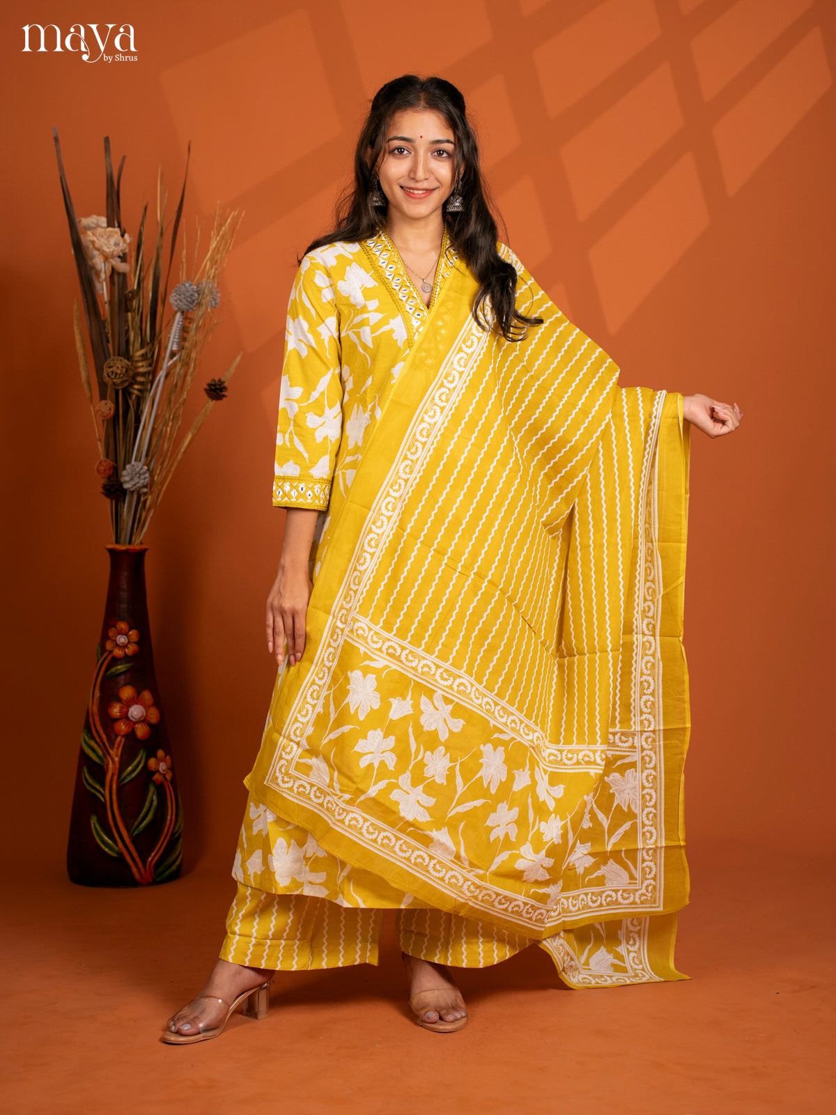 Yellow Cotton 3PC Salwar Suit with Floral Print - Top, Bottom & Dupatta